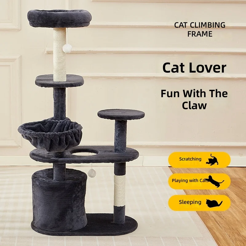 Cat Tree, Plush Multi-Level Cat House, Scratching Post, Dangling Balls, Cozy Bed, Interactive Play Center, Black Cat Condo