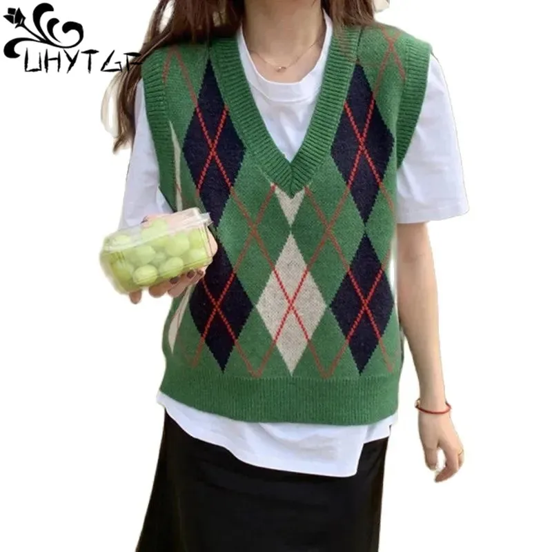 

Pullover Autumn V-Neck Outer Sweater Waistcoat Women Rhombus Vest Vintage Knitted Tops Korean Fashion Sweater Vests Female 2735