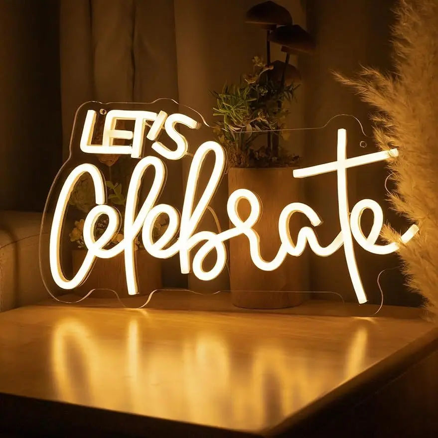 LET'S CELEBRATE Neon Sign LED Marquee Light USB Operated Aesthetic Decor for Bedroom Party Wedding Anniversary Birthday Gifts