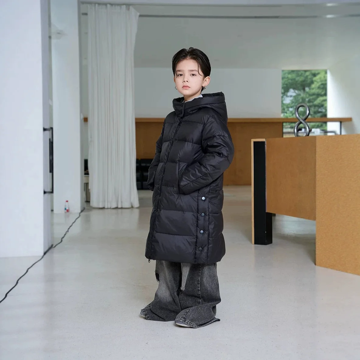 UNITIM Kids Long Down Jacket 2026 Winter Boys Girls Hooded Thick Warm Coat Korean Simple Versatile Outerwear for 6-14 Years Old