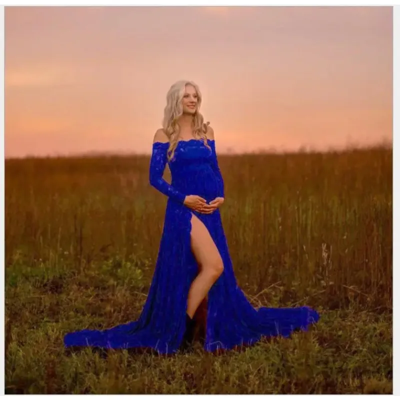 Maternity One-line neck lace split tail Dresses For Photo Shoot Split Side Women Pregnant Photography Props Long Pregnancy Dress