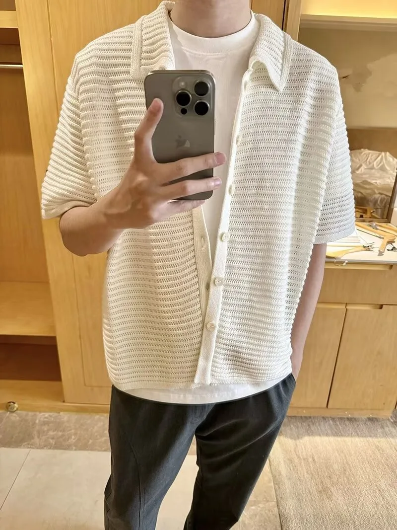 

Retro Money Design Hollow Knitted ort Sve Men's irt Summer Casual Loose Haome Trendy Pure Color Turn-down Collar