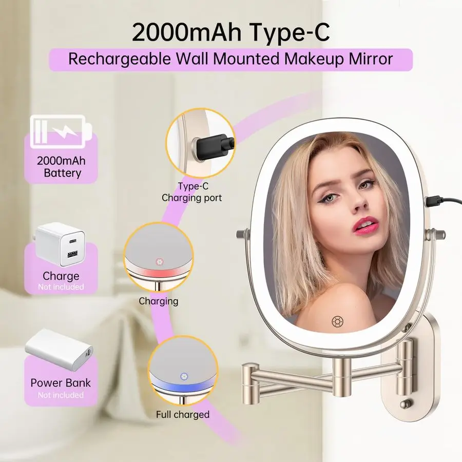 Specchio per trucco da parete, specchio ingranditore da parete ovale rettangolare con interruttore tattile bifacciale ricaricabile 7X 1X con luce
