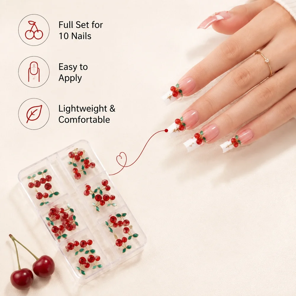 24Pcs Sweet Girl Cherry Nail Decor Sparkly Crystal Red Cherry Metal Leaf Charms Box Set For Daily & Dating Nail Manicure