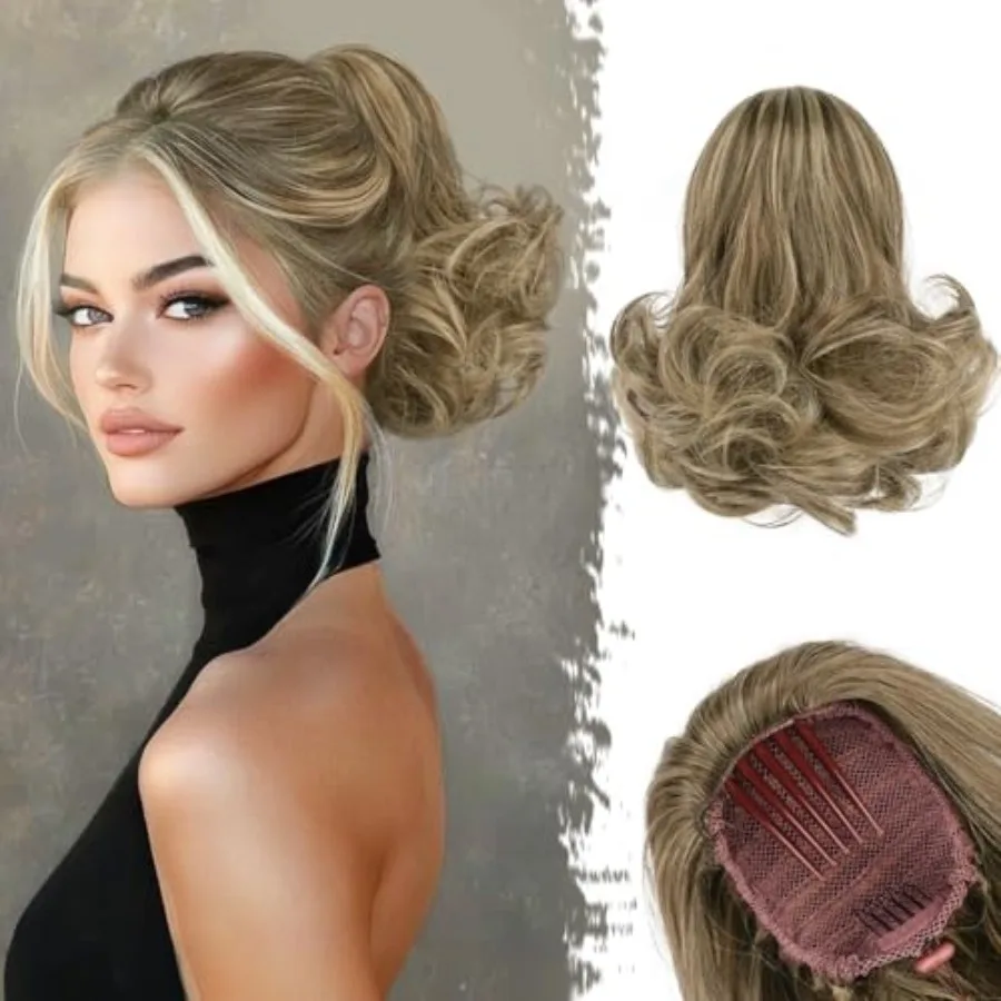 

Short Highlight Ponytail Extension - 10 Inch Wavy Drawstring Comb Clip Pony Tails Hairpieces for Women, Synthetic Clip in Ponyt