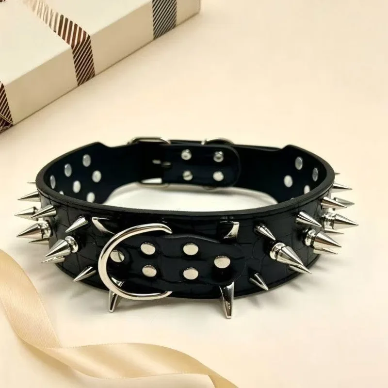 Adjustable Leather Dog Collar Spiked Anti Bite Large Dogs Bulldog Pitbull Black Pet Neck Strap Training Supplies - view 5