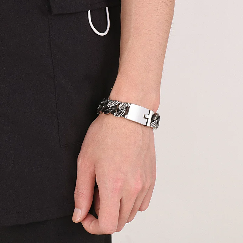 17MM Heavy Punk Curb Cuban Chain Bracelet Men Women Hiphop Rock Retro Black Stainless Steel Fashion Bike Biker Bangle Jewelry