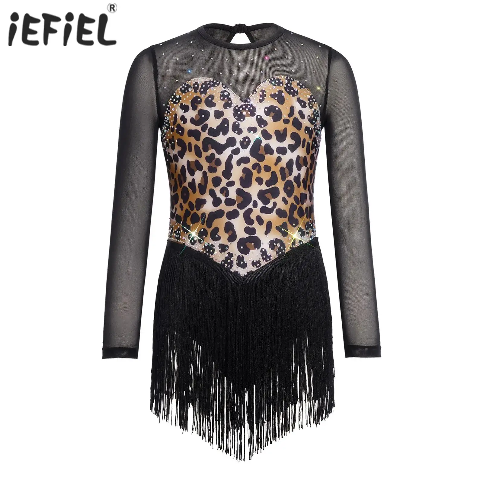 

Kids Girls Leopard Print Fringe Latin Dance Dress Long Sleeve Keyhole Back Rhinestone Tassel Dress for Performance Competition