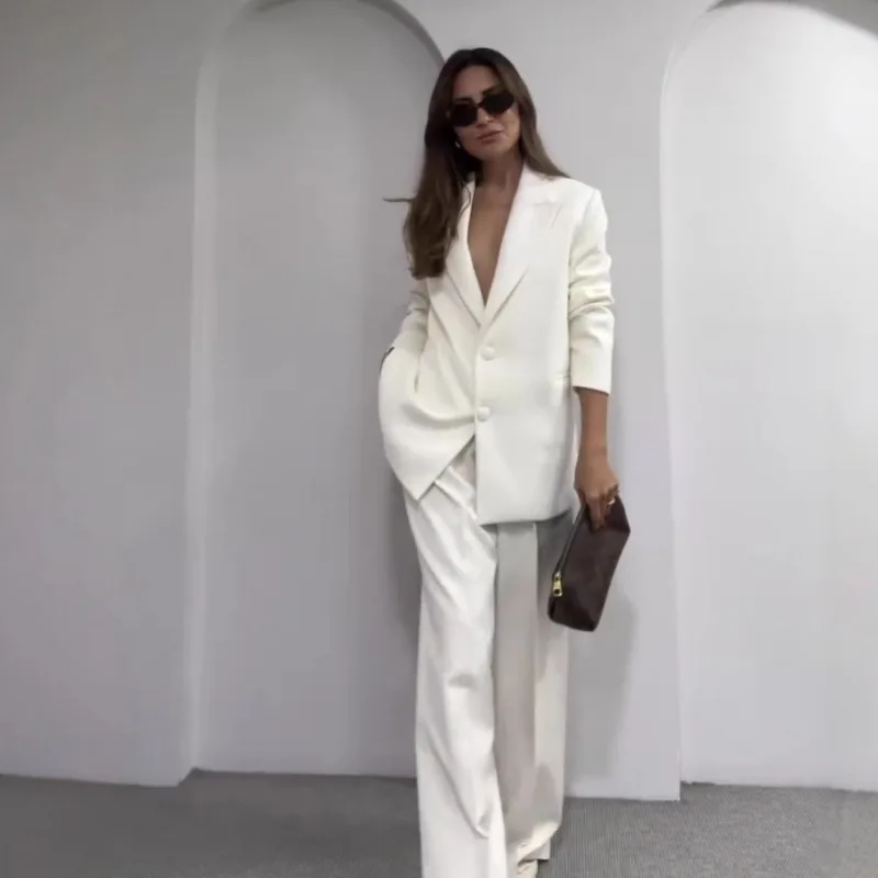 

Autumn New Fashion American Women' White Solid Color Casual Trendy 2 Piece Sets Single Breasted Blazers Wide Leg Pants Female