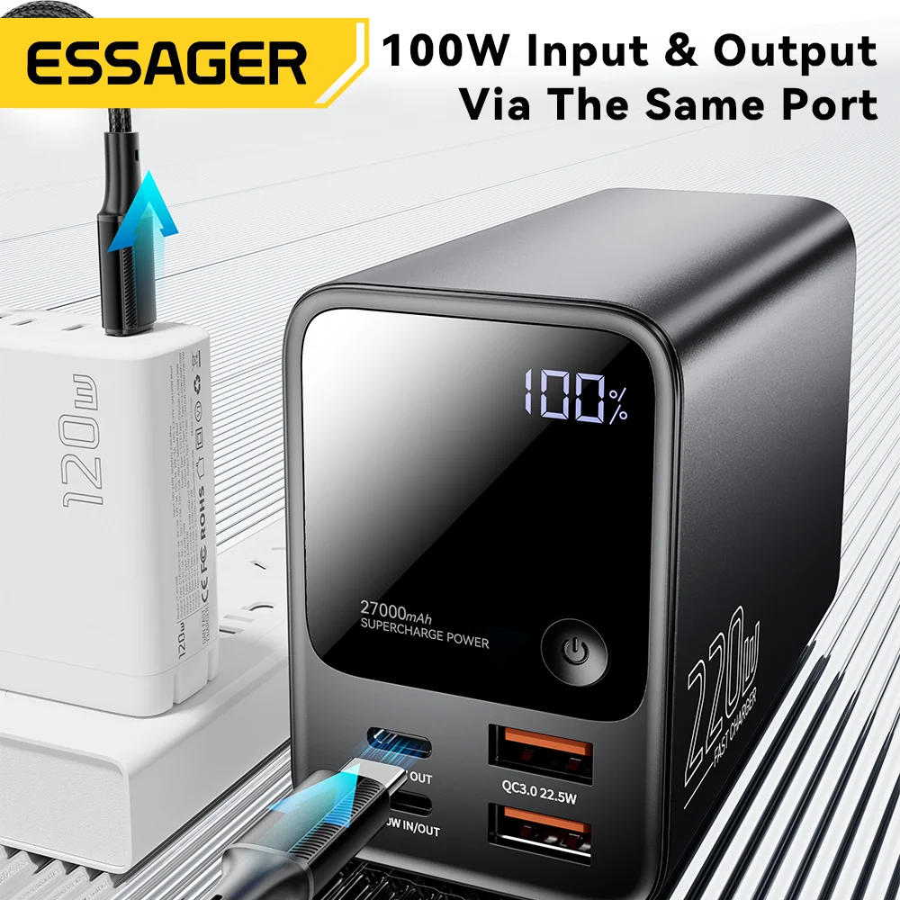 Essager 27000mAh 220W PD QC3.0 Fast charging Large battery capacity Power Bank For iPhone16 15 14 pro Xiaomi Laptop Macbook