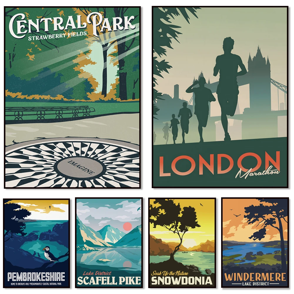Póster de viaje del Monte Larsen, Maratón de Londres, Niles Yard Covent Garden, Pembrokeshire, Bryce Canyon, Parque Nacional Snowdonia