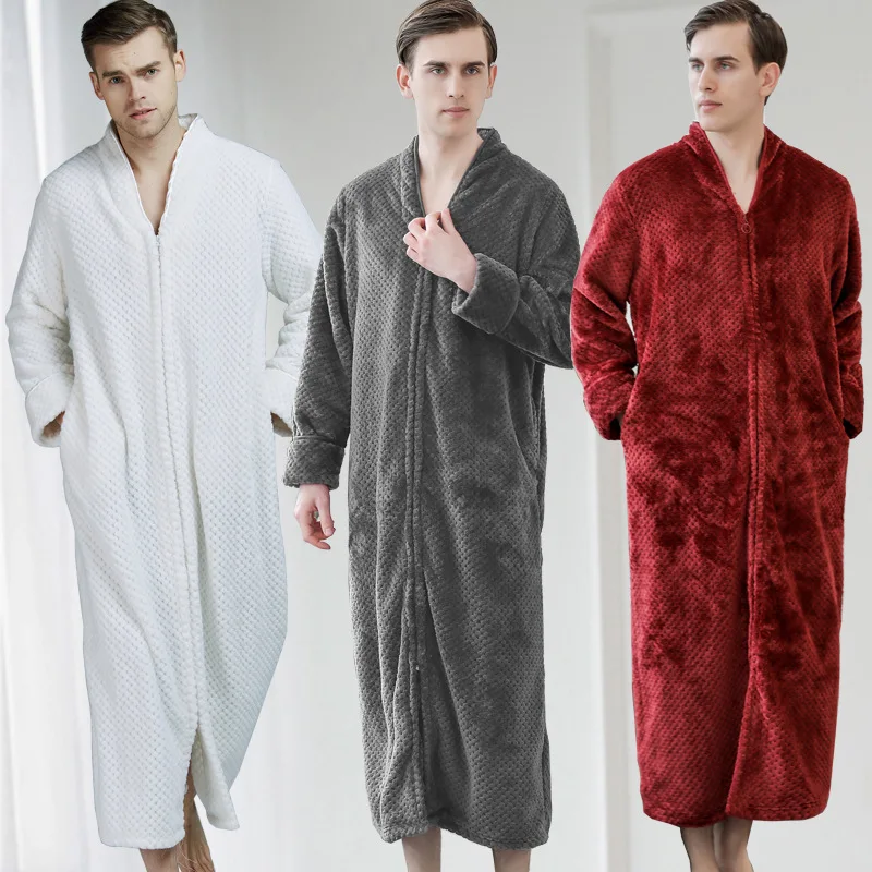 New Thickened Zipper Nightgown Men Winter Extra Long Warm Nightgown Autumn and Winter Sleepwear Solid Color Men\'s Bathrobe