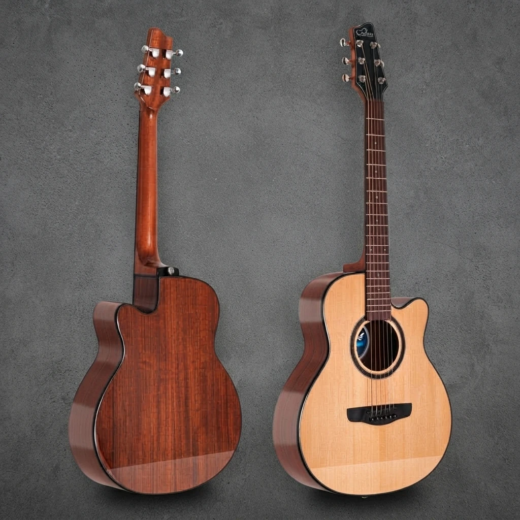 Solid Top Cutaway Guitar, Folk Acoustic Style, Dark Back, Dark Fretboard, Gloss Finish, Chrome Tuners, 6 Strings for Practice