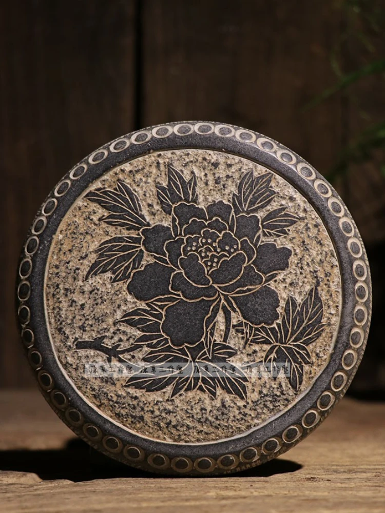 Bluestone Hand Carved Household Pot Bearing Saucer Rich Peony Gossip Small Stone Drum Base Magpie Plum Tea Art