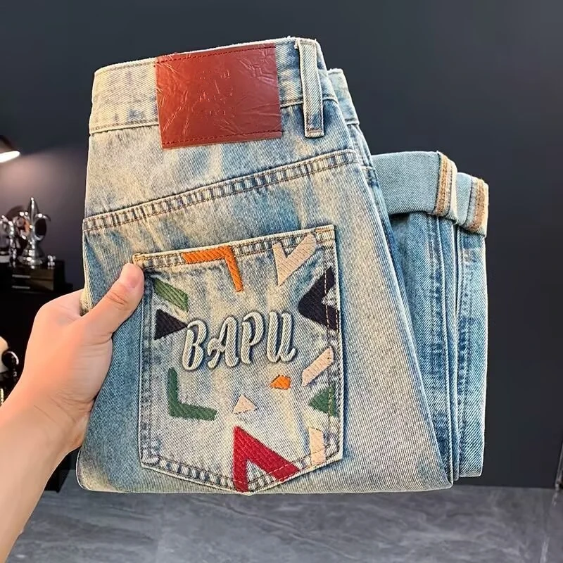 

High-End Luxury American Retro Embroidered Jeans Men's Trendy Harlan Straight Leg Loose Fit Long Trousers Youth Faion