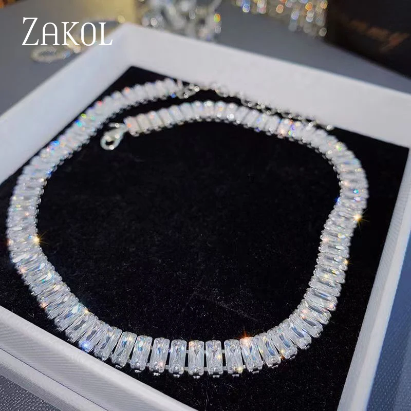 ZAKOL koreański moda prostokątny cyrkon Choker naszyjniki dla kobiet luksusowe przezroczyste geometryczne CZ seksowna biżuteria na przyjęcie bankietowe