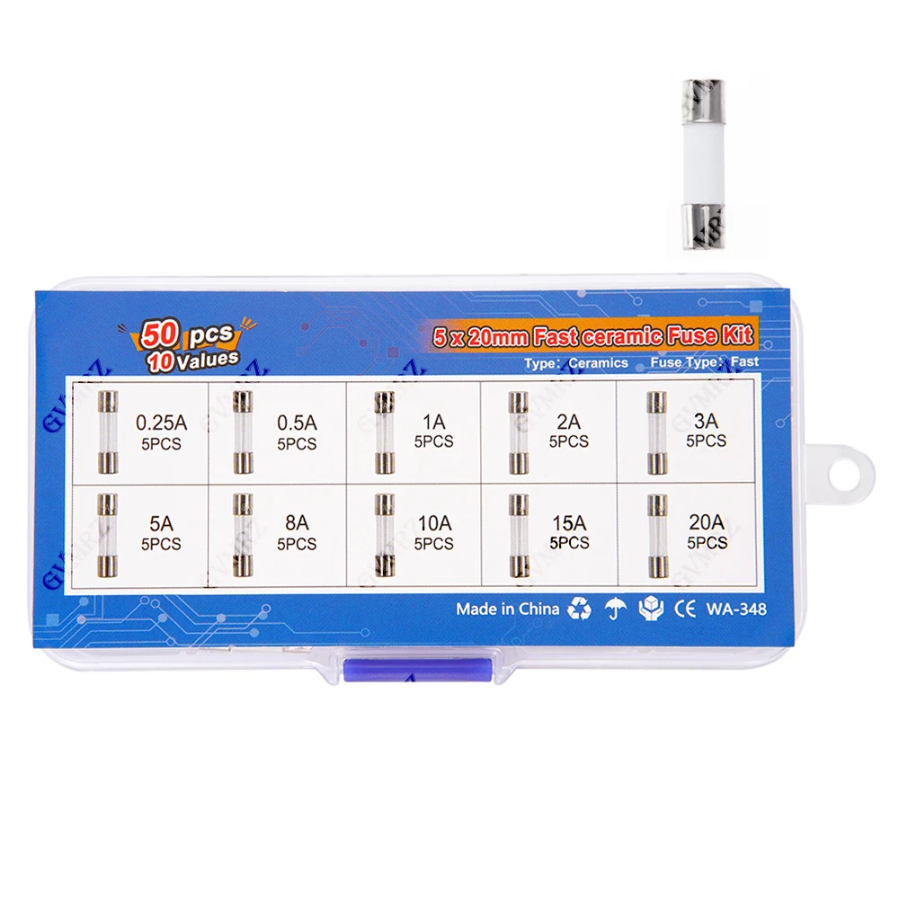 50pcs 5x20mm Ceramic Tube Fuse Assorted Kit Amp 3A 5A 8A 10A 15A 20A 250V with Storage Box 0.25A 0.5A 1A 2A  3A 5A 8A 10A 15A