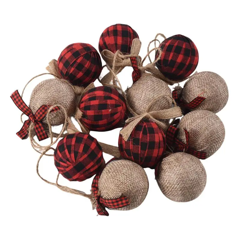 

AB51 Рождественские елочные украшения, 12 шт. 2-1/2 дюйма, клетчатая клетчатая строчка из мешковины, рождественские украшения