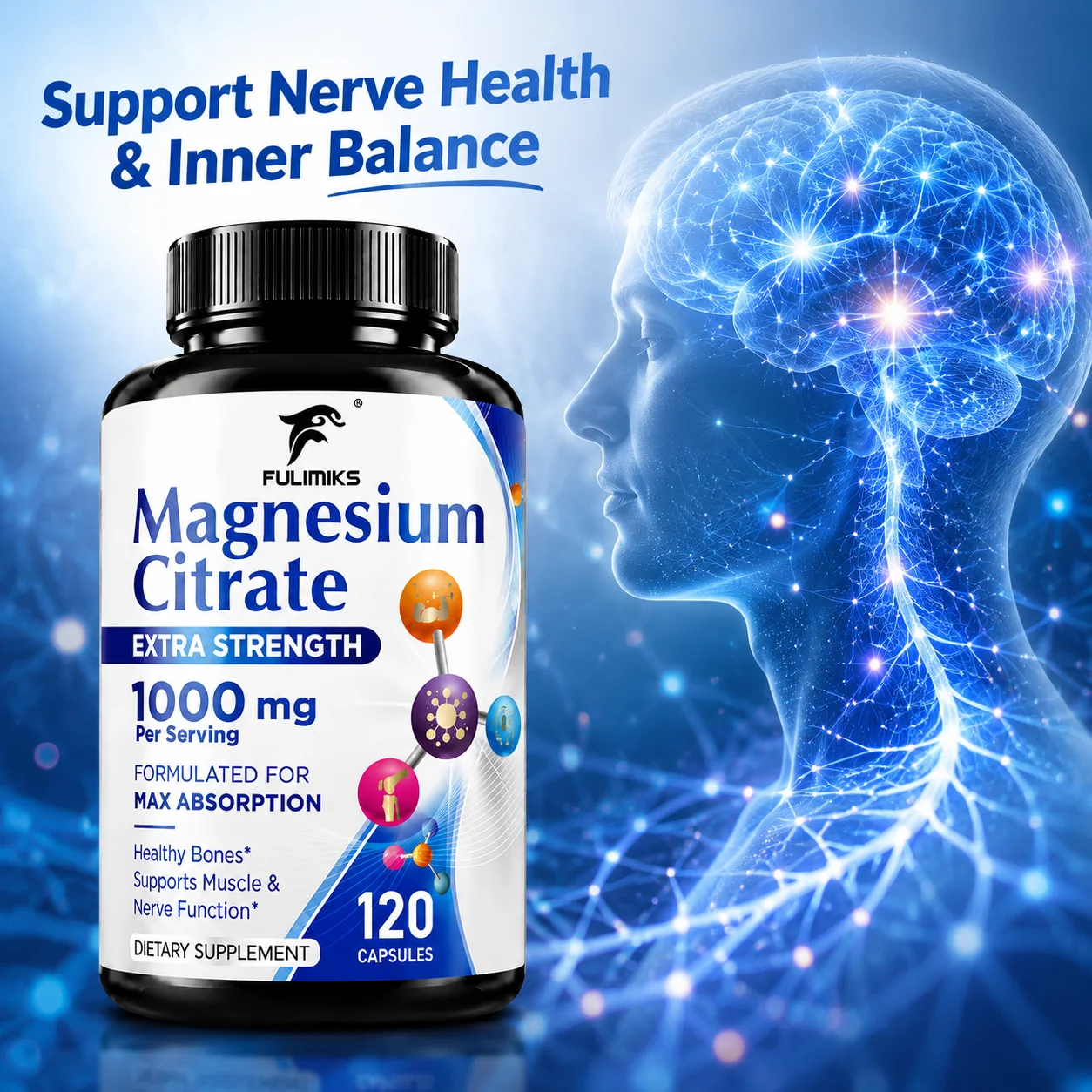 Magnesium Citrate Supplement 1000mg,High Absorption, Support Heart Function, Muscle & Nerve Wellness,Bone Health & Stress Relief