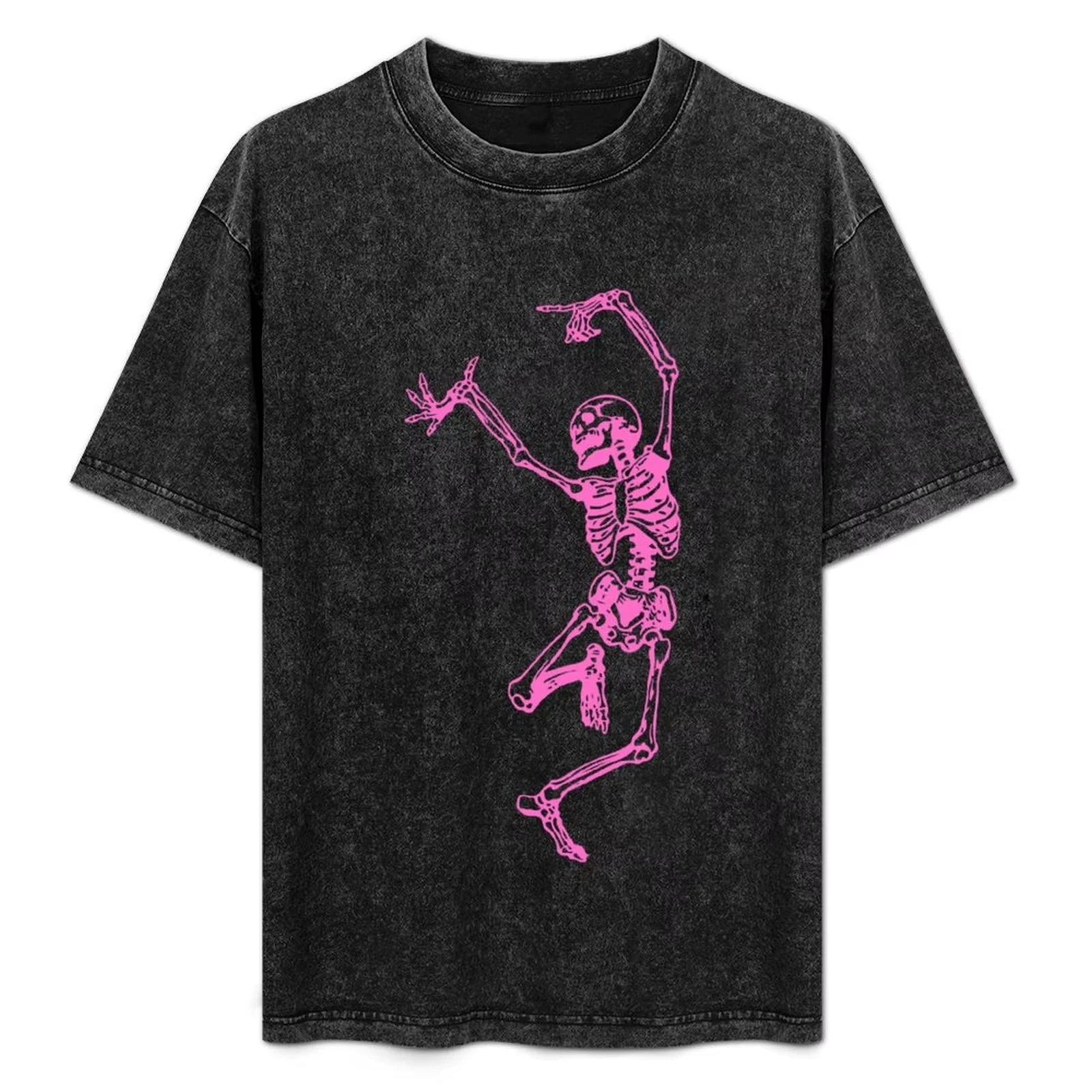 Retro Pink Dancing Skeleton Print T-Shirt Vintage Washed Oversized Tee Y2K Streetwear Top for Men Women