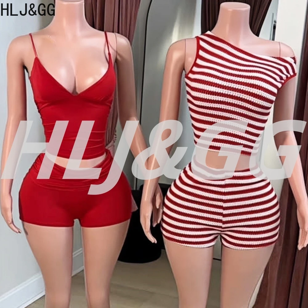 

HLJ&GG Trendy Fashion Stripe Knitting Two Piece Sets Women Round Neck Sleeveless Slim Crop Top And Shorts Outfits Y2K Streetwear
