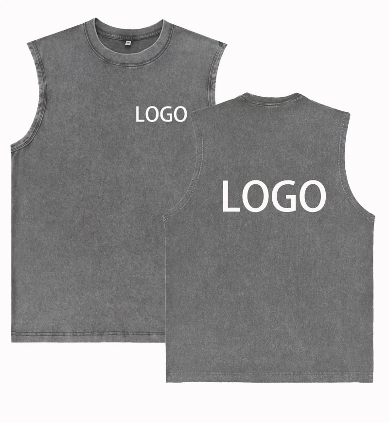 DIY Customise Your Brand Logo Vintage Washed Fabric 100% Cotton Crew Neck Vest High Quality Summer T-Shirt 3