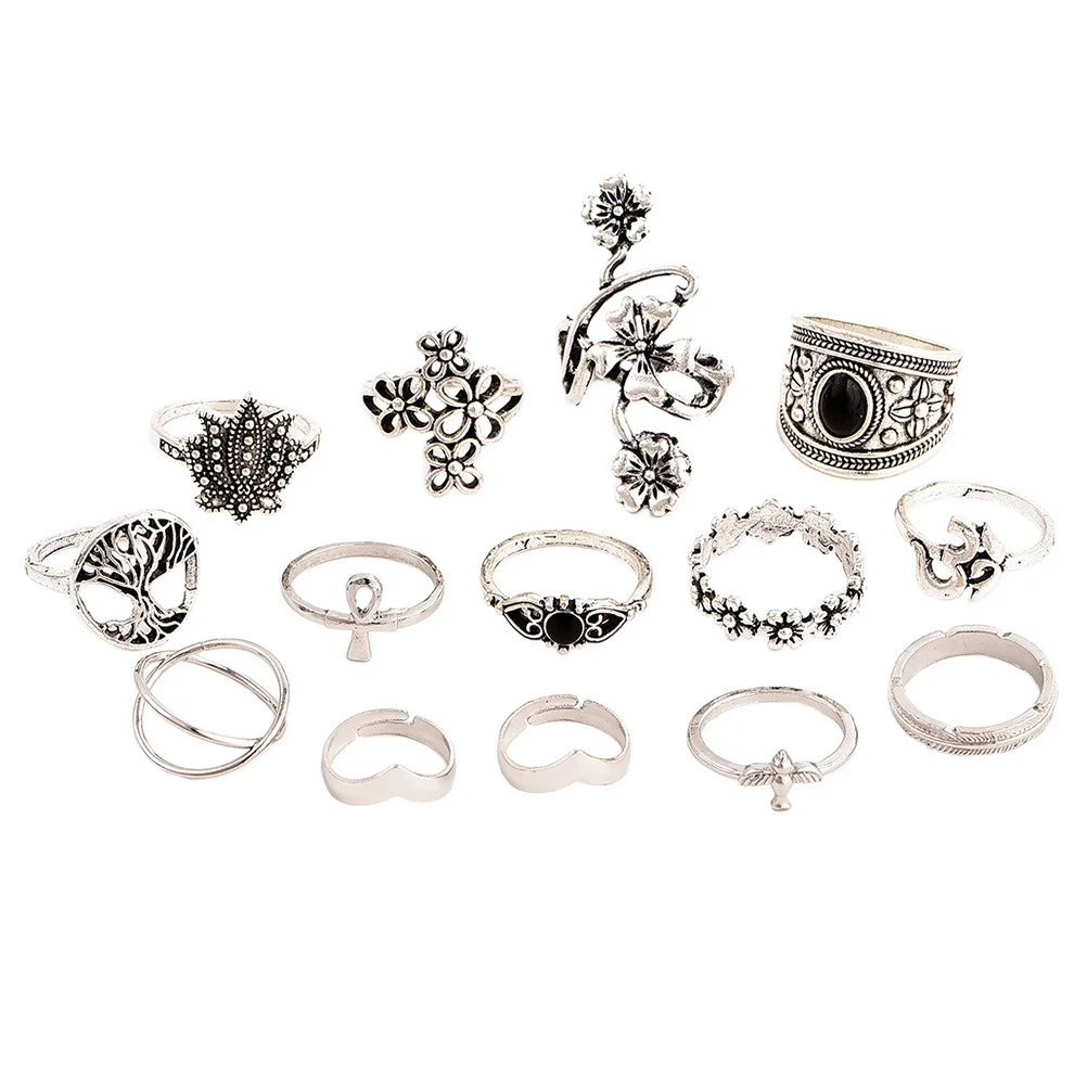 

14pcs Bohemian Vintage Alloy Rings Set Women, Retro Finger Ring With Diverse Styles, Comfortable Design, Fine Workmanship, Ring