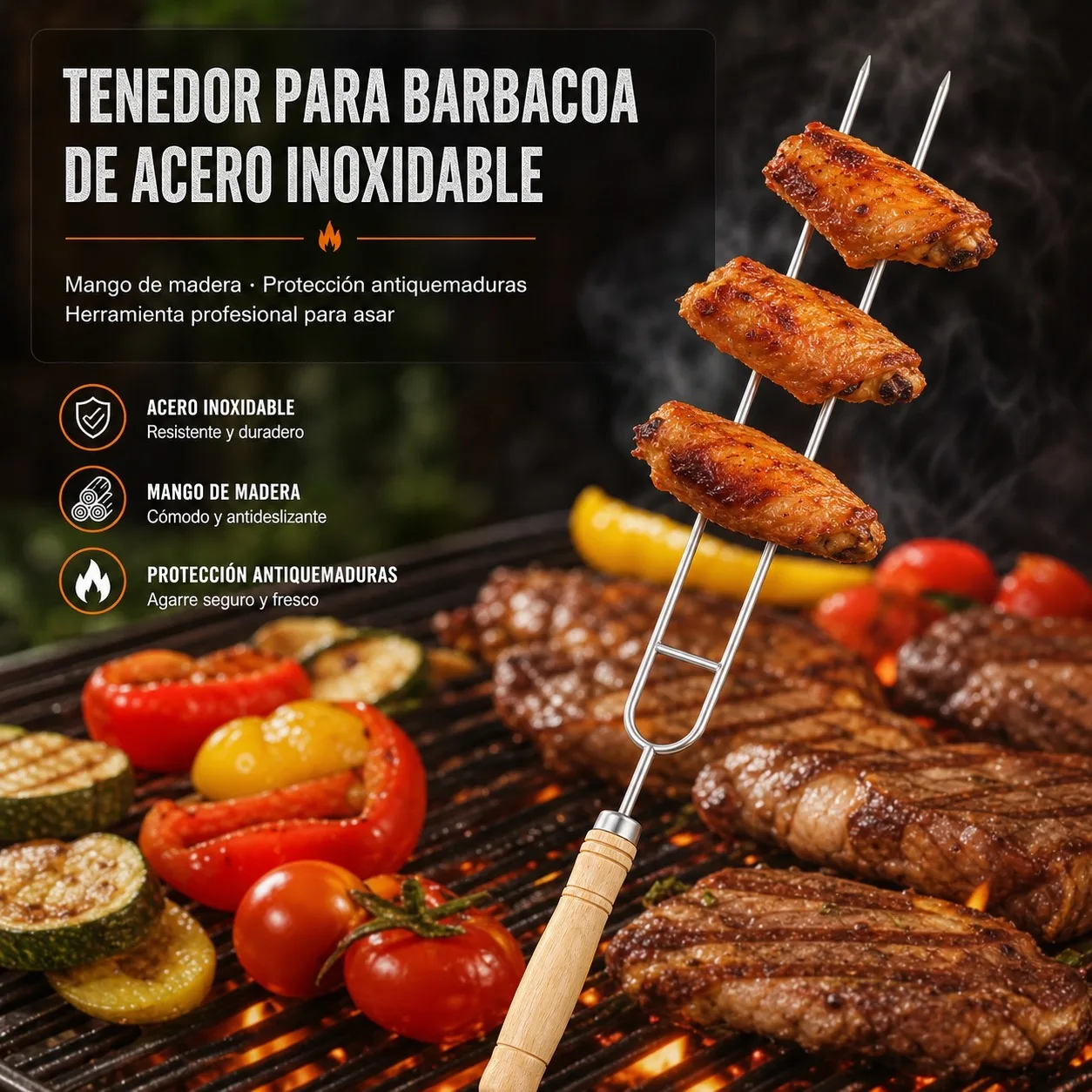 Fourchette de barbecue en acier inoxydable de 42 cm avec manche en bois antidérapant, fourchette à deux dents pour grillades, viande et saucisses, outil de cuisine résistant à la chaleur