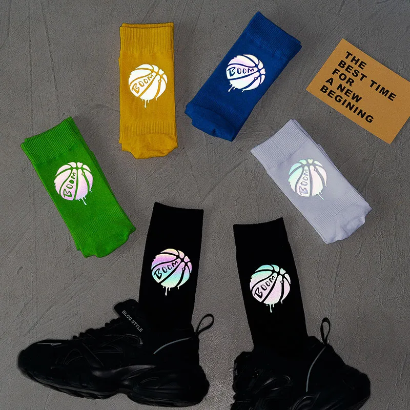 Reflective socks thin mid-tube socks high tube sweat-absorbent combed cotton basketball sports socks