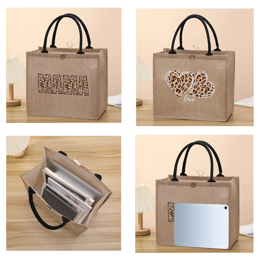 

Large-capacity women's handheld faux hemp leopard print handbag fashion multifunctional shopping bag out travel storage bag