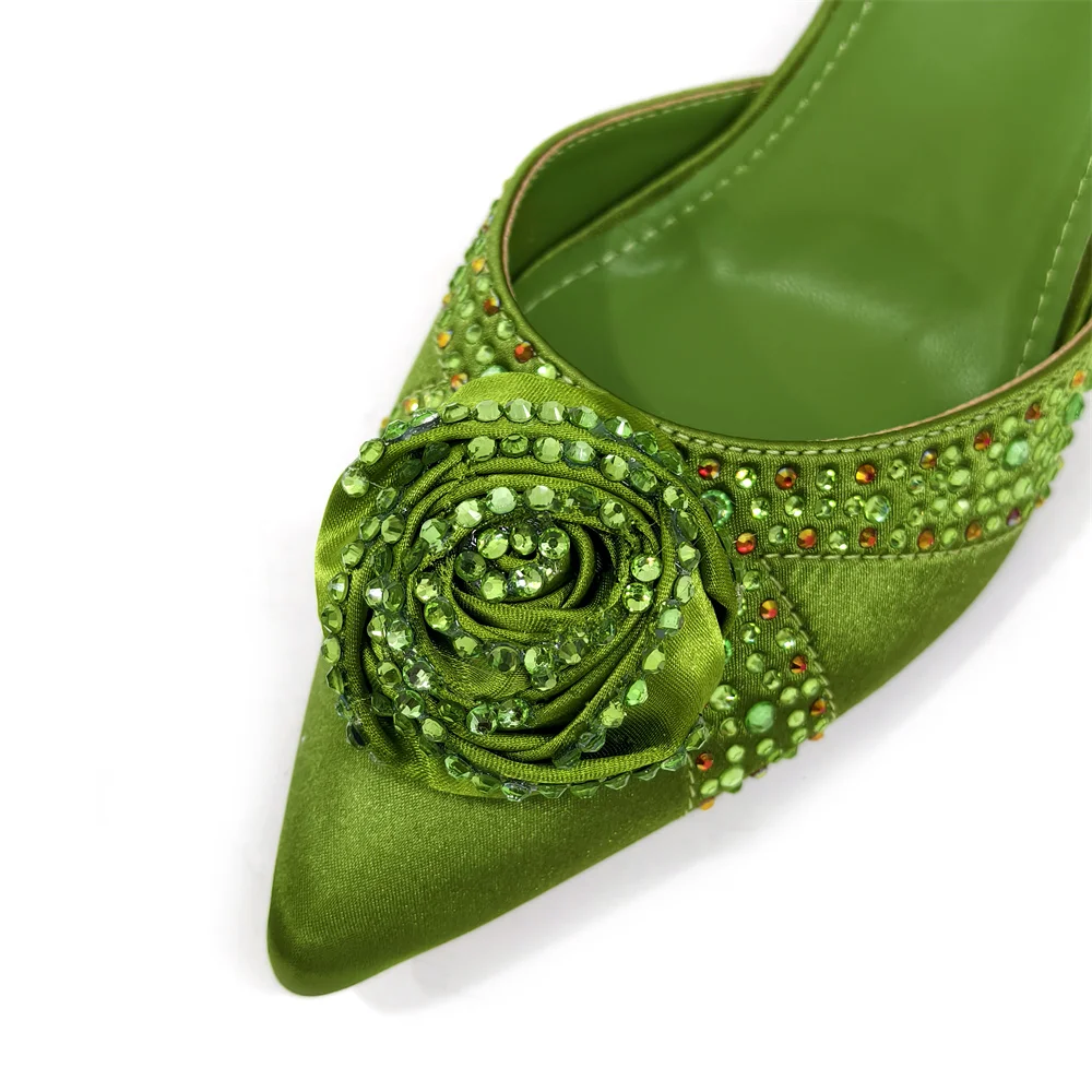 Venus Chan Sparkling Rhinestone Rose Pumps With Medium Heel for Nigerian Women\'s Party, Pointed Toe Shoes and Matching Bags