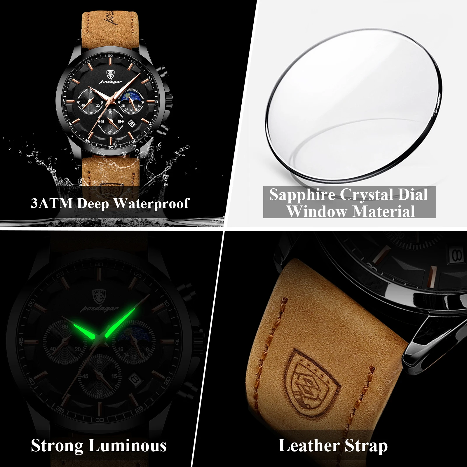 POEDAGAR Sports Luxury Men Quartz Watch Waterproof Chronograph Luminous Date Man Wristwatch Business Leather Men's Watches Clock image 4