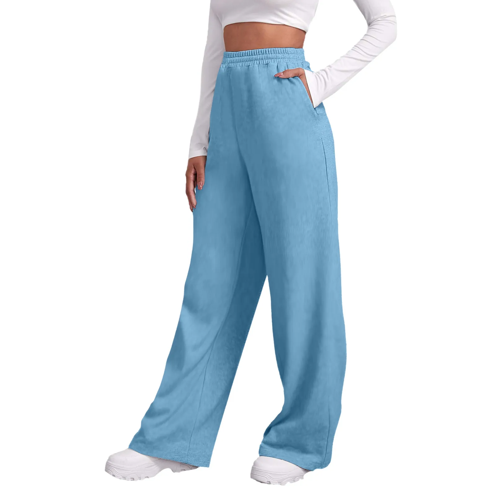 Lady Fleece Lined Straight Leg Pants Solid Color High Waits Sweatpants Fashion Casual Warm Trouser With Pockets