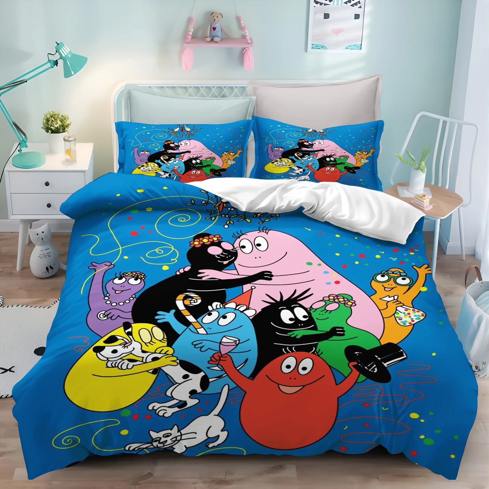 

Barbapap Cartoon Anime Duvet Cover Set Kawaii Carebears Quilt Cover Pillowcase Kids Bedding Set Decor Full Queen King Size
