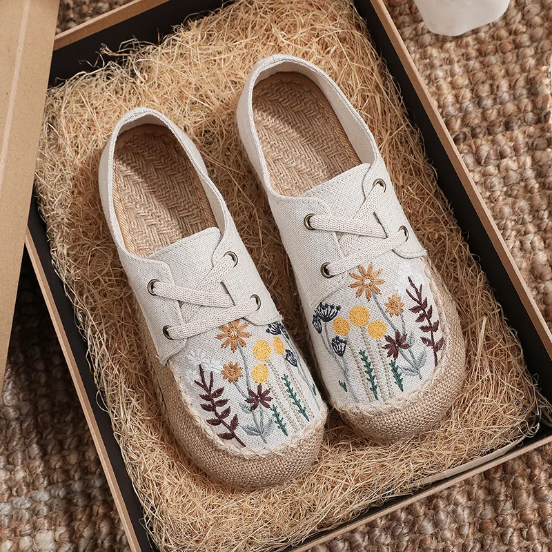 Women\'s Embroidered Linen Shoes New Ethnic Style Non-slip Comfort Loafers Flowers Thick Bottom Lace Up Flats Sapato Femininas