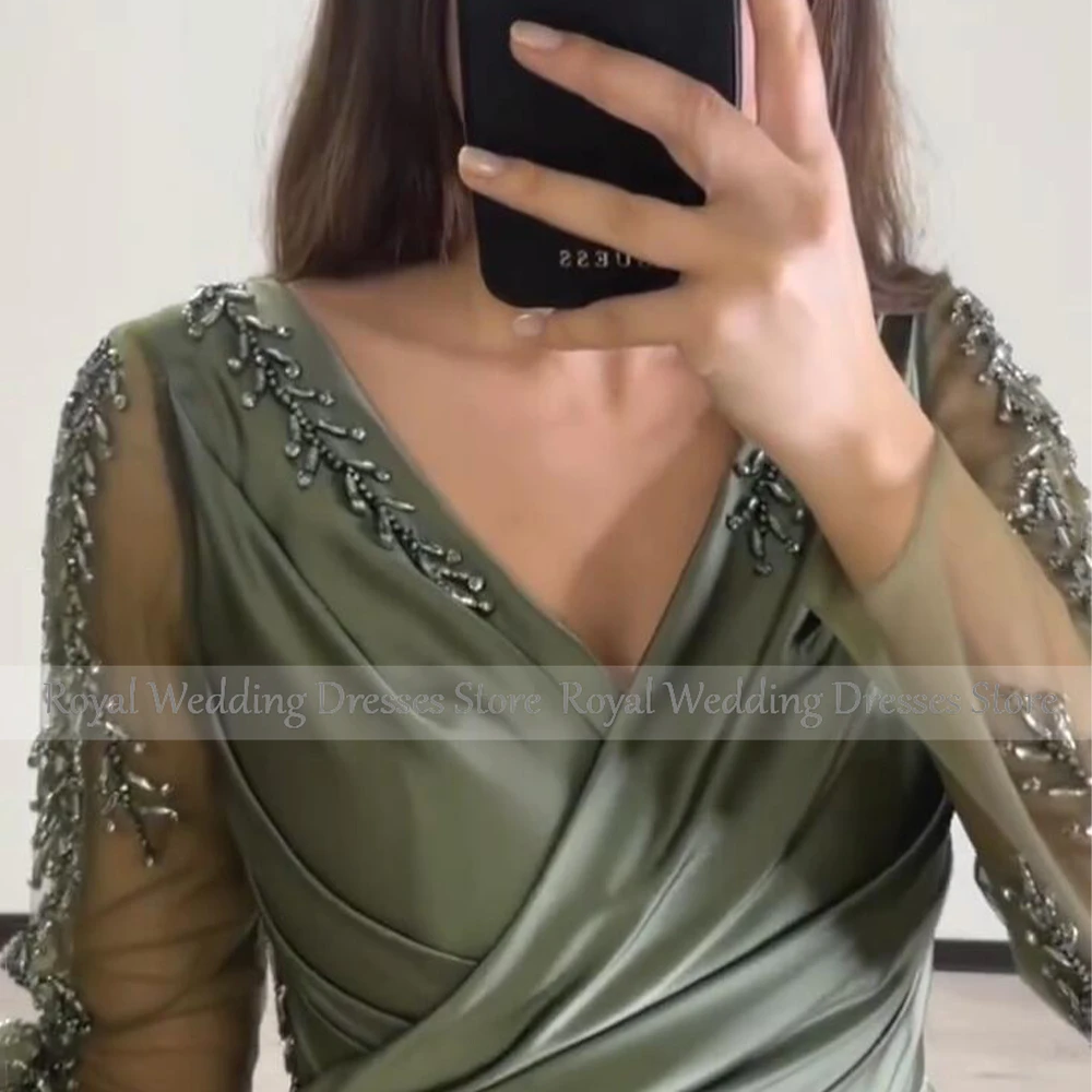 Luxury Evening Dresses for Women Satin V Neck Mermaid  Gowns Long Sleeves Draped Beading Wedding Party Dress Custom Made