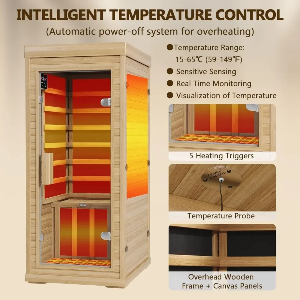 Sauna infrarroja para el hogar, Sauna seca interior de madera Hemlock, temperatura del tiempo, preconfiguración de calentadores EMF bajos, paneles de 10 minutos precalientes