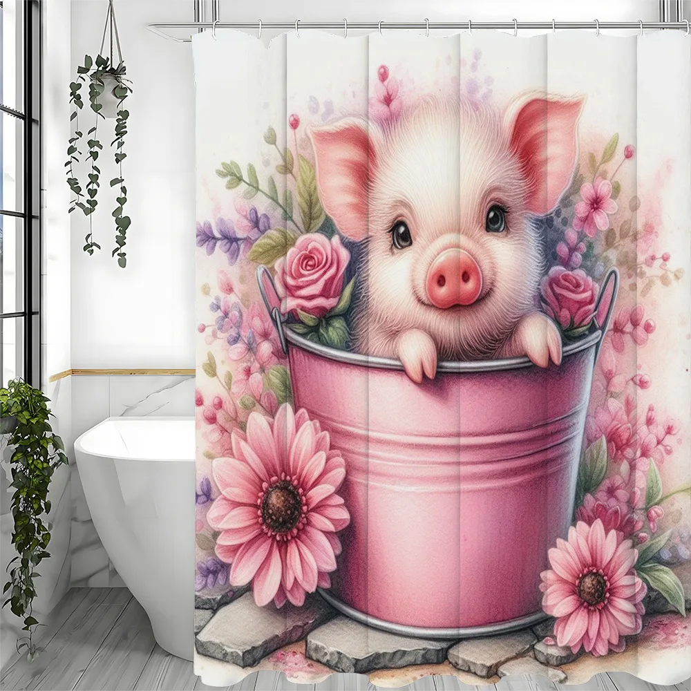 

Розовый поросенок, железное ведро с цветочным принтом, занавеска для душа, моющаяся грязеотталкивающая насадка для душа, водонепроницаемая полиэстеровая занавеска для ванны