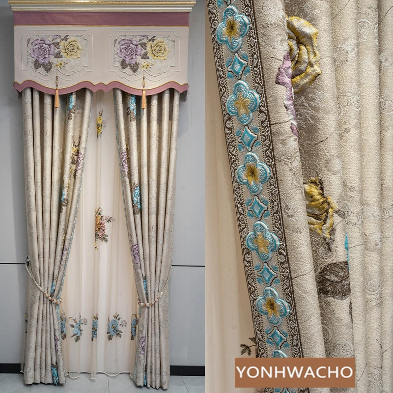 Custom European living room bedroom high precision jacquard beige cloth blackout curtain tulle valance drape C1612