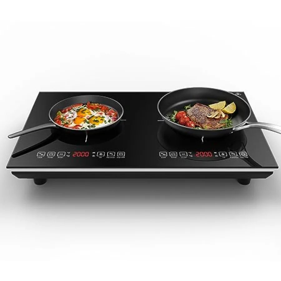Kitchen induction cooktop black glass 110V 4000W dual-burner with LED touch control energy-saving child safety lock and timer