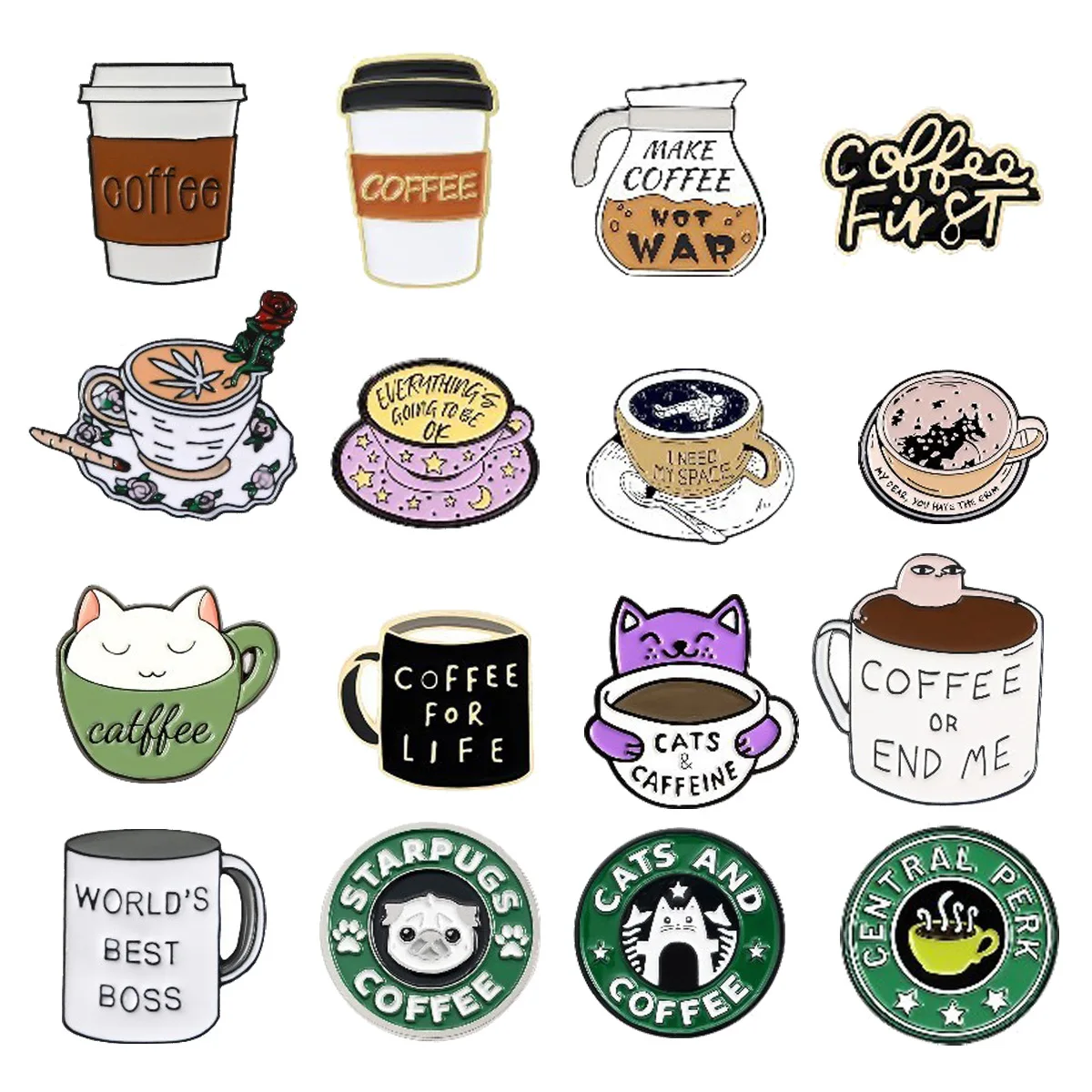 Coffee Enamel Pins Custom Astronaut Cup Dog and Cat Drink Club Brooches Lapel Badges Cartoon Jewelry Gift Wholesale