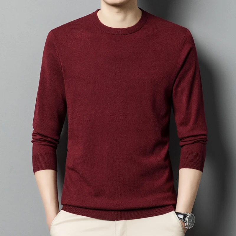 High end 100% Sheep Wool Fabric Men's Business Shirt High-Quality O-Neck Collar Pullover Sweater Classic Casual Slim Men's Tops