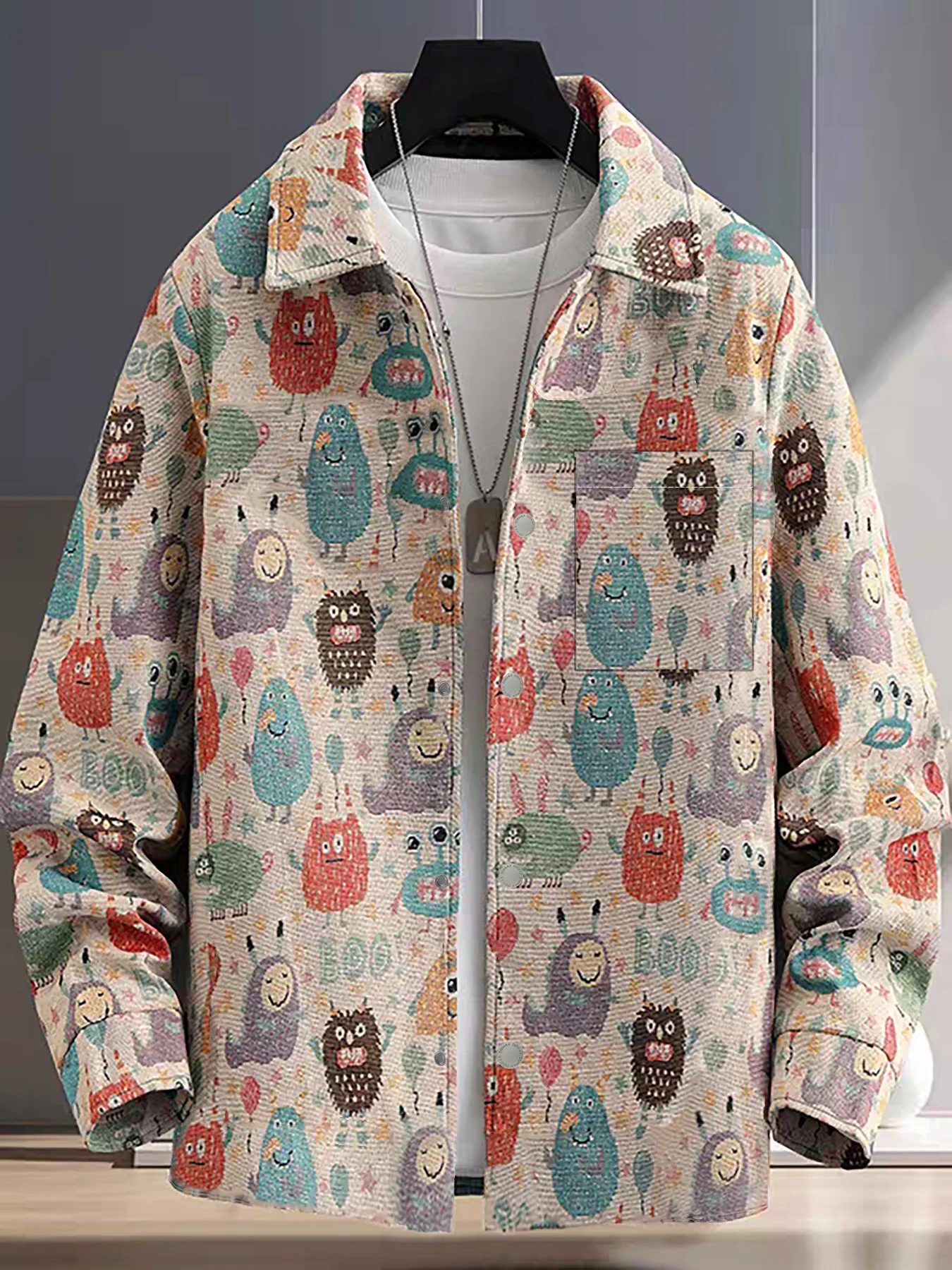 

Trendy New Retro Fun Cartoon Jacquard Collared Jacket for Men, Spring and Autumn Casual Jacket