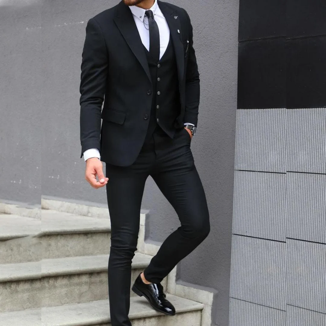 Navy Blue Stripes Double Breasted Suits Men 2 Pieces Slim Fit Men's Wedding Suits Blazer Groom Tuxedo Jacket with Pants Set
