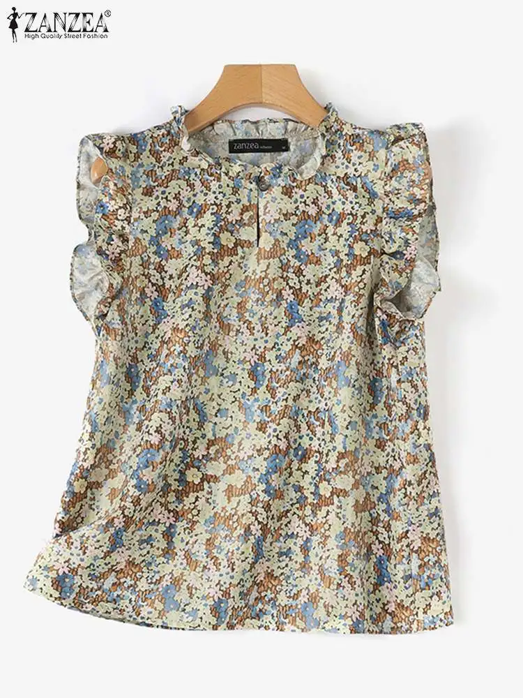 ZANZEA-Blusa sin mangas para mujer, Camisa estampada con volantes, Top OL, informal, para playa, Verano