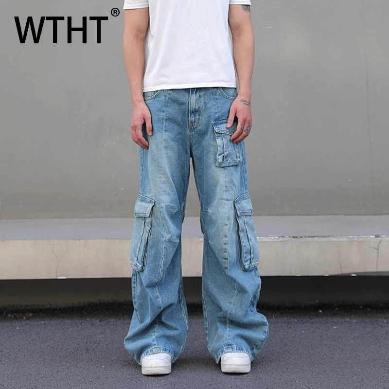 WTHT Fashion Men's Wash Spliced Big Pockets Design Cargo Denim Pants Vintage Wide Leg Straight Jeans Male 2026 Summer 2A2940