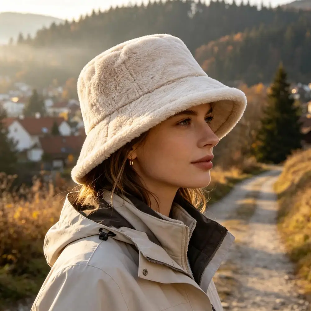 Winter Warm Plush Fisherman Hat Comfortable Skin Head Gear Women Plush Bucket Hat Winter Warm Fisherman Cap Cozy Soft for Autumn