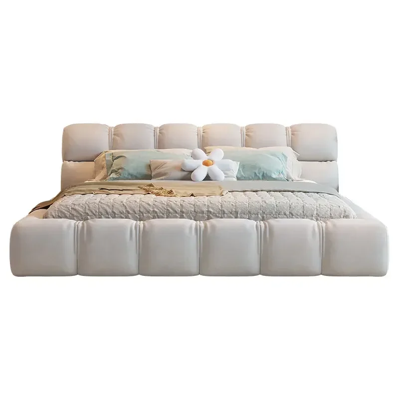 Khaki Modern Double Nordic Bedroom Bed Set Wrinkled Folding Storage Bed Frame