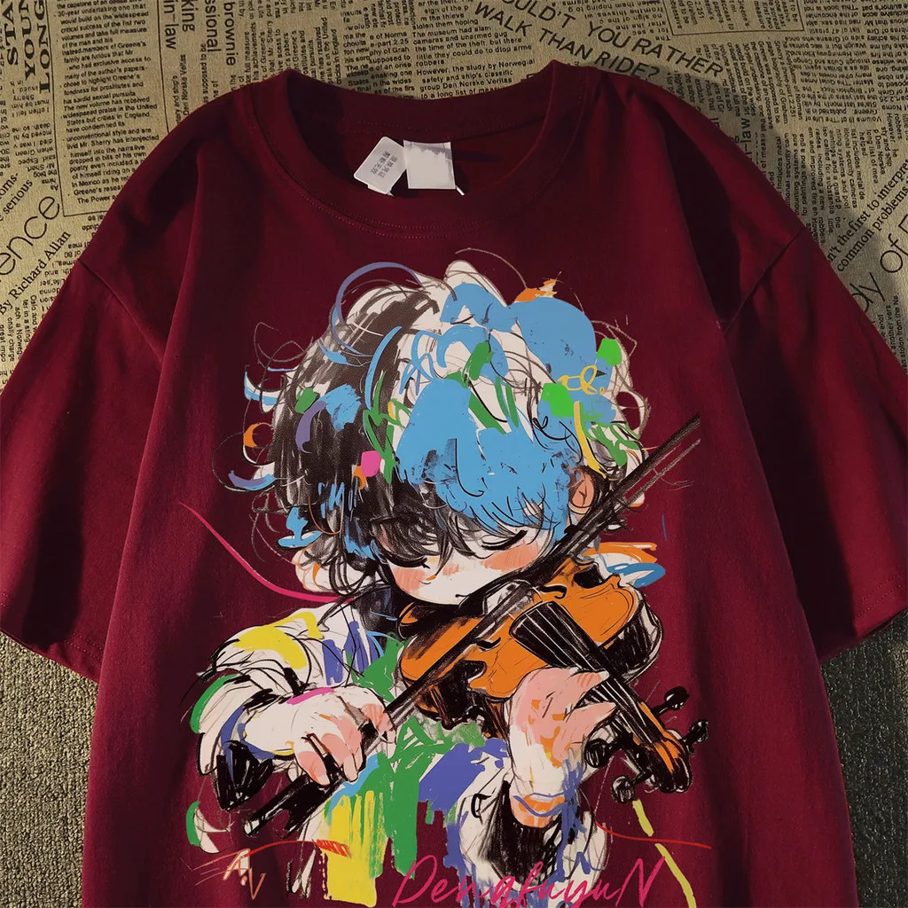 Camiseta de manga corta con estampado de violín de dibujos animados de verano, camiseta holgada sencilla de moda para hombres y mujeres