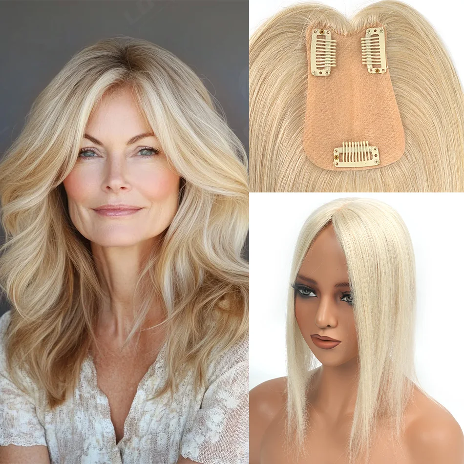 12 Inch 30cm Brazilian Human Hair Topper with 7x11 Swiss Lace Base Invisible Scalp Clip on Natural Blend for Thin Crown Hair